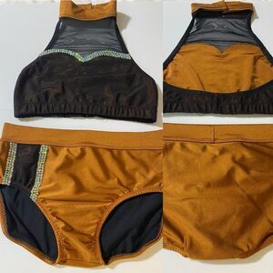Custom made solo dance costume orange black 2 piece rhinestoned leotard SA adult